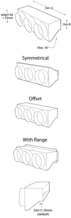 800mm x 200mm Three Spigot Tapered Plenum Box